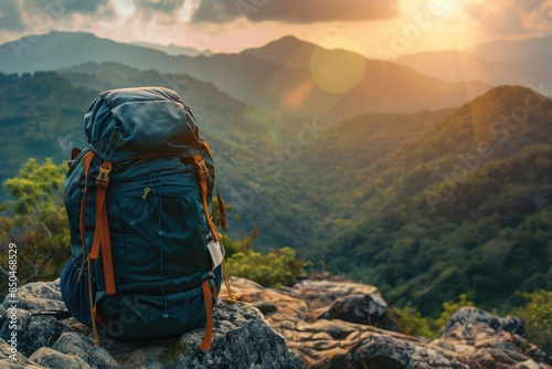 A backpack sits atop a rocky hill with scenic views
