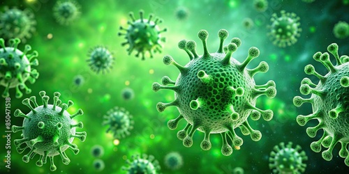 Virus cells in a green background, , virus, cells, green, background,, science, microbiology, microscopic, biology