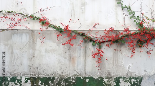 sfondo di mattoncini bianchi su un muro urbano con foglie di edera rosso e verde 