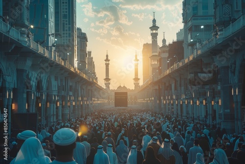 The atmosphere of spirituality during Tawaf at the Kaaba in Al-Masjid Al-Haram, Mecca, with thousands of pilgrims