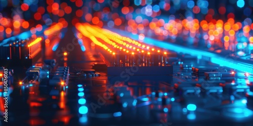 Close up shot of a dj controller with colorful lights in the background, ideal for music or party related projects