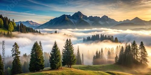 Dense morning fog in alpine landscape with fir trees and mountains, fog, alpine, landscape, fir trees, mountains, misty, cold