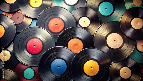 Stylized shot of vinyl records, vinyl, records, music, retro, vintage, analog, grooves, collection, turntable, sound, albums