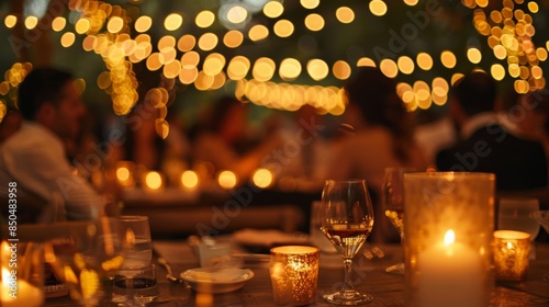 The blurred outlines of guests seated at tables adorned with rustic decor and flickering candles.