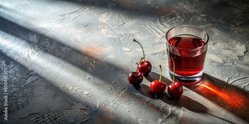 Glass filled with cherry liqueur casting a long shadow on textured surface under sunlight , cherry liqueur, glass, shadow