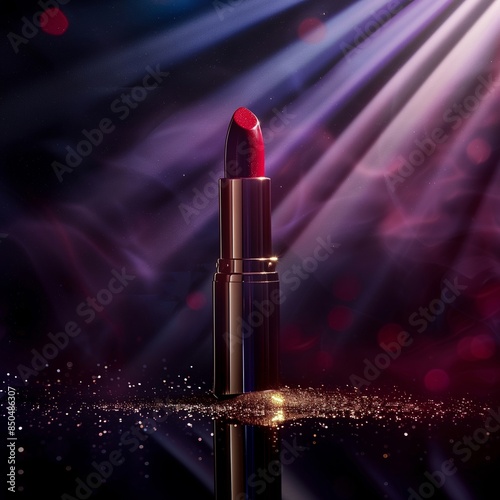Lipstick advertising with rays of light. Luxury lipstick cosmetics advertising. 