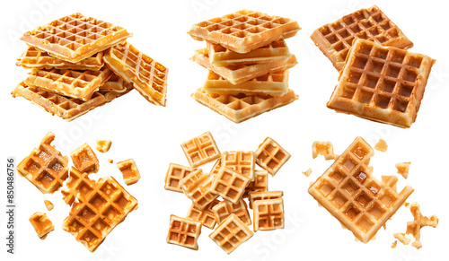 Square Waffle waffles wafel batter dessert on transparent cutout, PNG file. Many assorted different angles, stack, flat lay, broken, pile, cube, slice. Mockup template for artwork