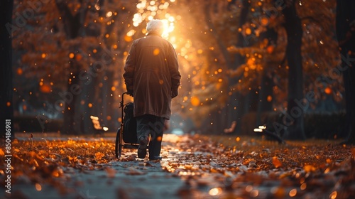 Elderly Person Walking with Walker in Autumn Park During Sunset