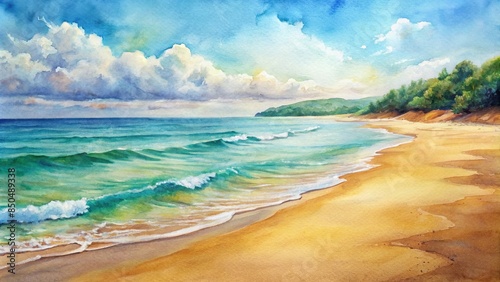 Watercolor painting of a serene sandy beach with gentle waves lapping at the shore , watercolor, painting, beach, sandy