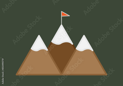 Tres montañas con el pico nevado y una bandera en la cumbre