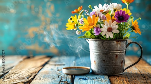 A steaming cup of coffee and vibrant spring blooms fill a rustic metal pail on a wooden surface.