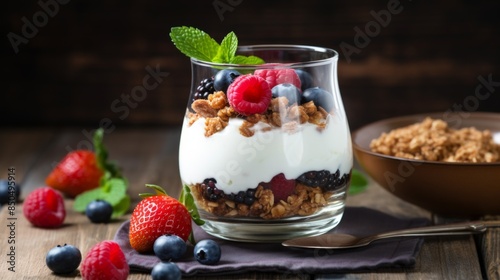 A healthy layered yogurt parfait with granola, fresh berries, and mint in a glass set on a wooden table