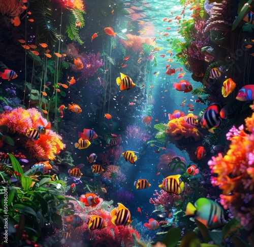 Colorful Fish Swimming Through Vibrant Coral Reef in Sunlight