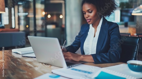 Young African American business woman sitting at working desk in office using laptop computer browsing online banking website updating personal details and taking notes in notebook : Generative AI