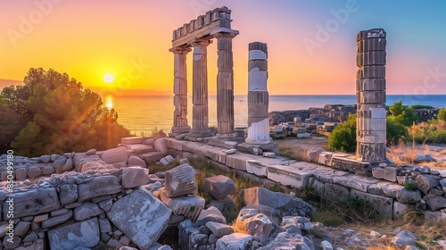 Greek ruins majestically stand against the sunset, casting long shadows by the shimmering Mediterranean.