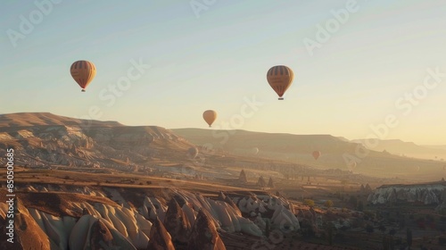 Hot air balloons gently drifting over a rugged terrain with soft sunrise light casting a peaceful hue