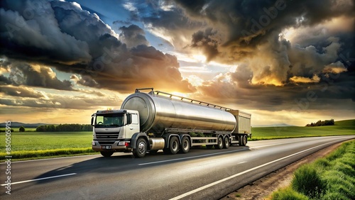 Big metal fuel tanker truck transporting fuel along countryside road under a cloudy sky, tanker truck, fuel, transportation