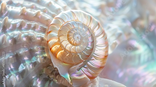 Exquisite seashell of the pearly nautilus, its iridescent surface gleaming like mother-of-pearl. Perfect for your summery or ocean-themed compositions.