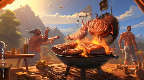 A vibrant and lively animated outdoor scene with oversized meat grilling on a fire, characters in the background