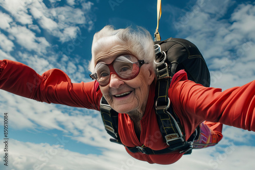 Senior woman enjoying a skydiving experience, freefalling through the sky with a look of exhilaration.