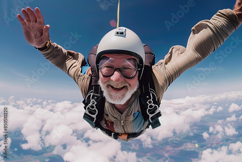 Senior man enjoying a skydiving experience, freefalling through the sky with a look of exhilaration.