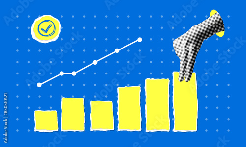 Data analytics concept. Halftone hand builds sales graph. Modern collage. Successful business performance. Financial success. Business data graph. Achieving high results. Torn paper