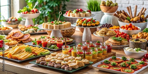 Buffet catering table with a variety of snacks and appetizers, buffet, catering, table, food, variety, snacks, appetizers