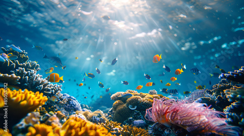 Underwater Panorama in a Coral Reef with Colorful Trop, Undersea Lights, world ocean day, Generative Ai