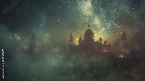 Mist billows across a starry midnight sky with a distant cathedral silhouette backdrop
