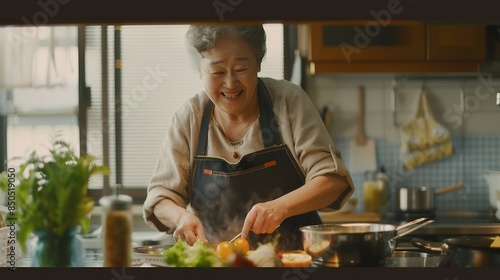 Happy smiling asian older woman in apron is tasting and smell food while cooking in kitchen : Generative AI