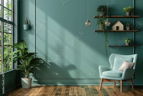 The interior has a armchair on empty green wall background and four cabin on wall for decor