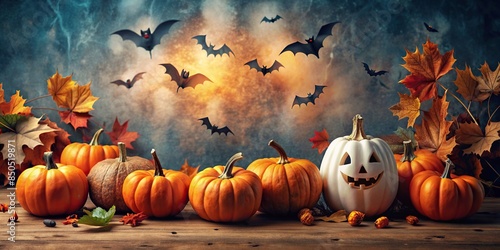 Halloween decorations in tone on tone with pumpkin, ghost, and bat on a background, Halloween, decorations, pumpkin, ghost