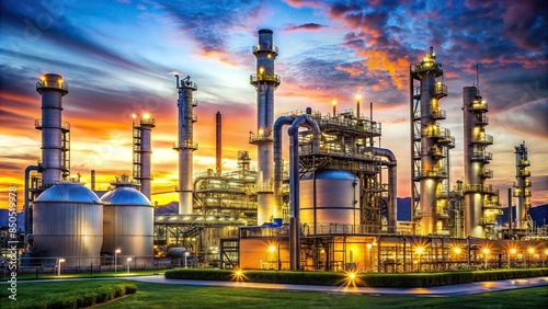 Futuristic oil and gas power plant refinery with storage tank facilities, industrial, complex