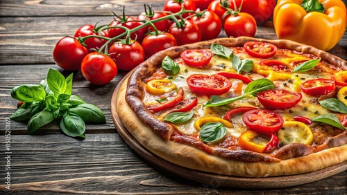 Delicious artisanal pizza topped with fresh tomatoes and capsicum, gourmet, pizza, artisanal, fresh, tomatoes, capsicum