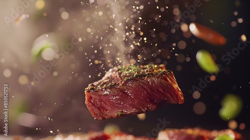 Closeup of falling tasty beef steak in kitchen super slow motion camera movement filmed on high speed cinematic camera at 1000 fps : Generative AI