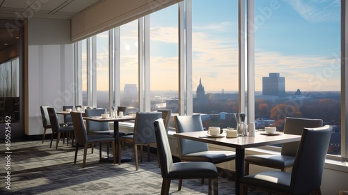 glass-fronted restaurant overlooking a picturesque cityscape during breakfast hours.