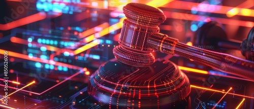 Digital gavel representing cyber law and online justice system with futuristic technology background.