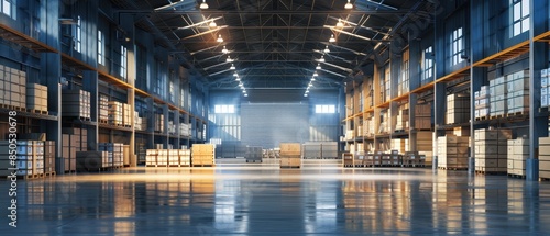 Spacious modern warehouse with high shelves and boxes, well-lit and organized for efficient storage and logistics operations.