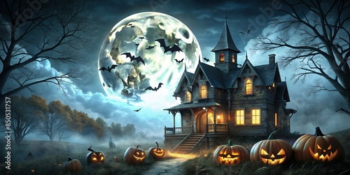 Dark night Halloween with spooky haunted house, bats, full moon, and pumpkins , Halloween, dark, night, artwork,spooky