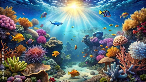 Dreamy underwater world with vibrant marine life, coral formations, and gentle currents, Underwater, Marine life, Coral, Ocean