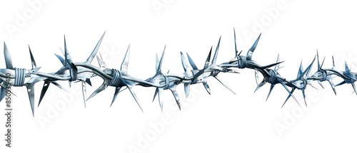 jagged barbed wire, starkly contrasted against a plain white background. Illustrates themes of hazard, boundary, and security in isolation