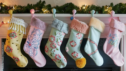 A row of pastel-colored Christmas stockings hanging from a mantel, each one uniquely decorated with patterns, pom-poms, and embroidery