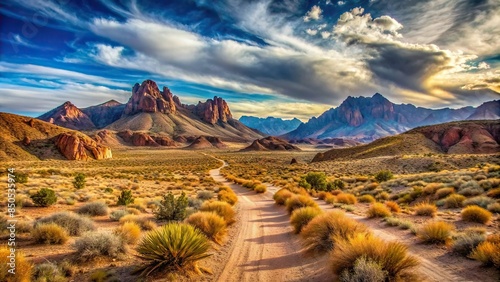 Scenic arid desert landscape with rocky mountains and winding trail, Turkmenistan, Central Asia, arid, desert, landscape