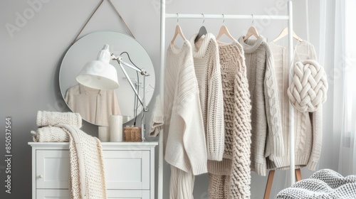 a women's clothing rack in neutral colors, juxtaposed with an oval mirror and a white chest adorned with lamps.