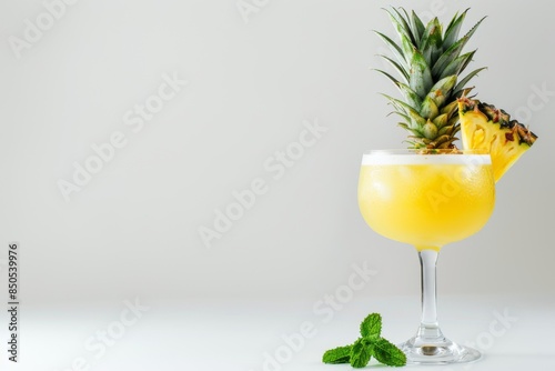 Pineapple juice in a glass, topped with a slice of pineapple