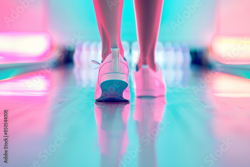 Close-Up of Woman's Feet Walking on Bowling Alley..