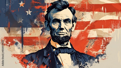 Illustration of Abraham lincoln stands in front of the American flag.