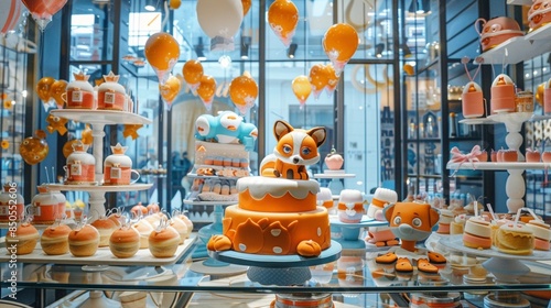 A fox themed 3D cake in a bakery surrounded by robot gymnasts performing on parallel bars