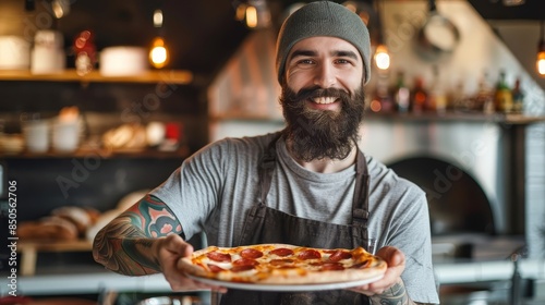 Cheerful chef presenting pepperoni pizza - A happy bearded chef in a hat beams as he presents a freshly baked pepperoni pizza in a cozy restaurant setting