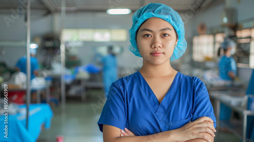 A woman in a blue scrubs is standing in a hospital room